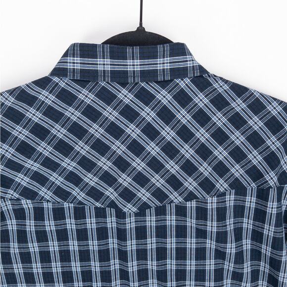 Plains Western Shirt Men's Large Long Sleeve Pearl Snaps Plaid Blue White - Picture 10 of 11